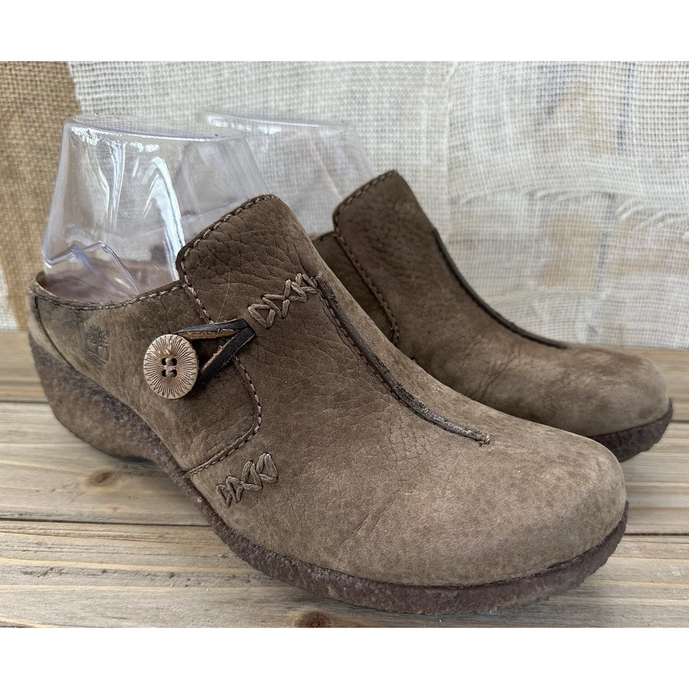 Timberland Comfort Mules Clogs Button Brown Shoes BOHO Women's Size 6 M